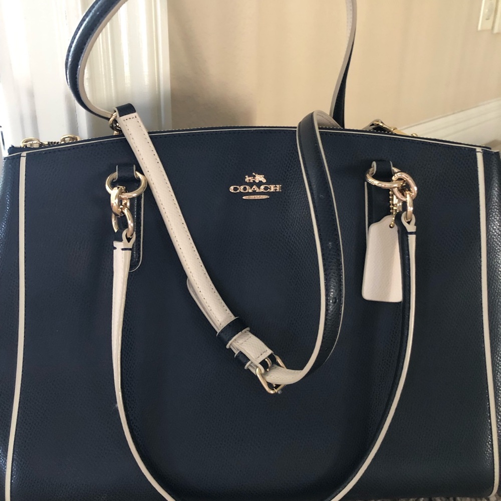Coach Navy blue leather bag with ivory trim